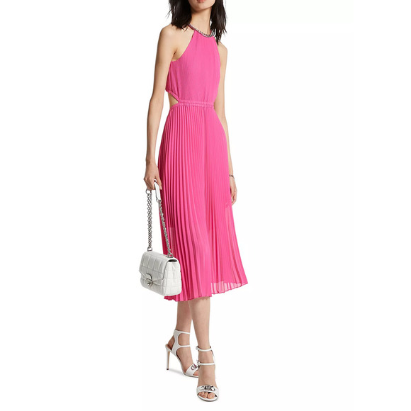 MICHAEL Michael Kors Pleated Georgette Cutout Dress Cerise Size L 3928 - Picture 1 of 1